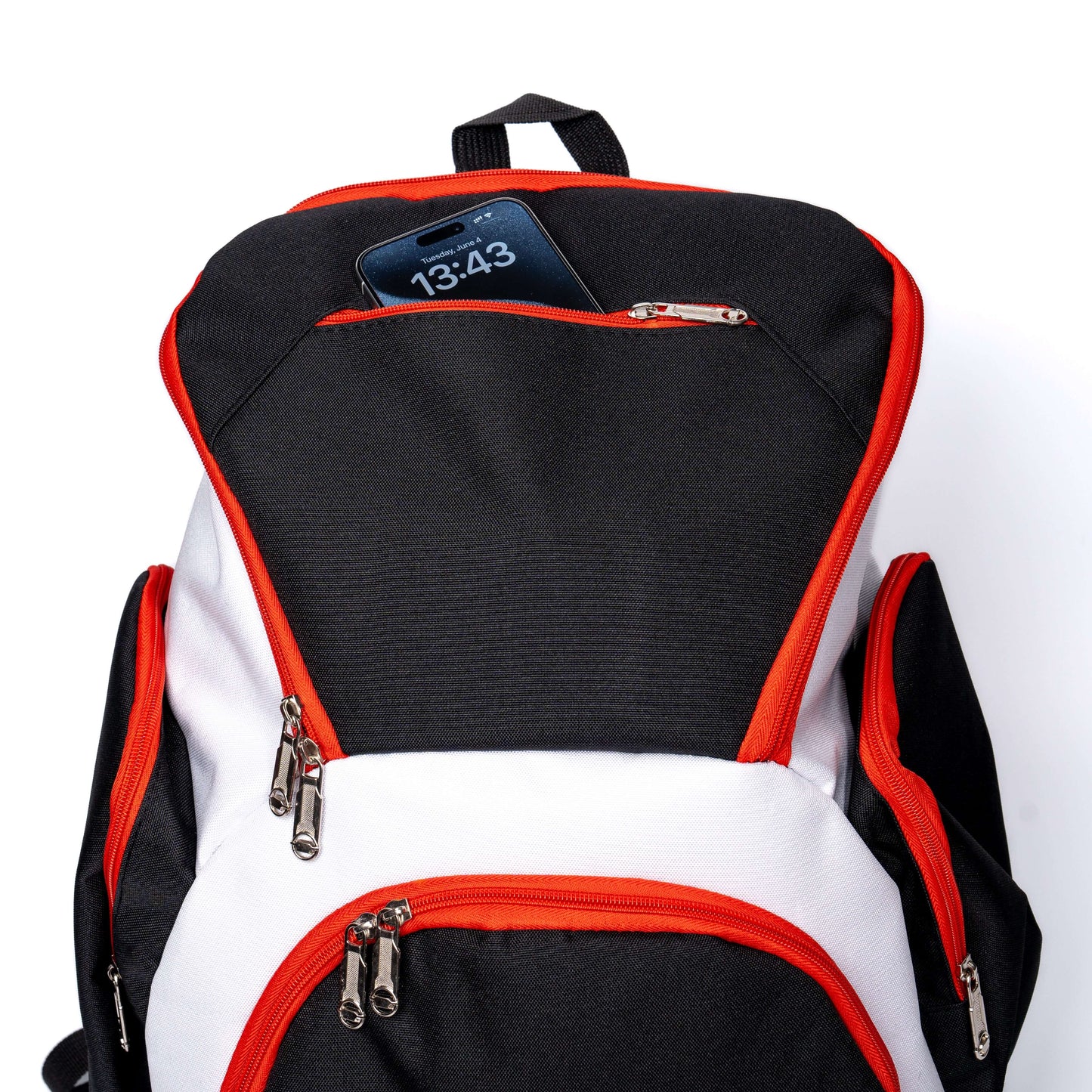 Close up front view of top compartment customizable Y Series Backpack in white, red, and black ClaycoSports