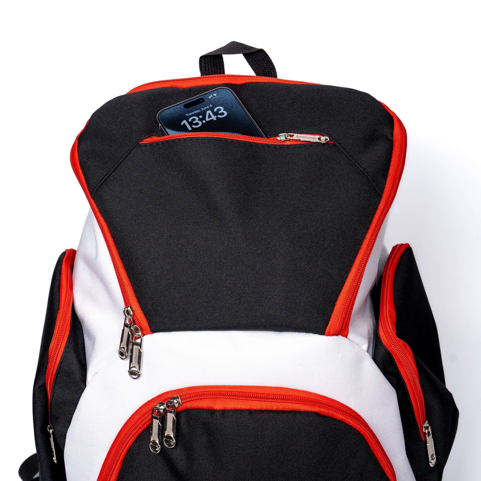 Close up front view of top compartment customizable Y Series Backpack in white, red, and black ClaycoSports