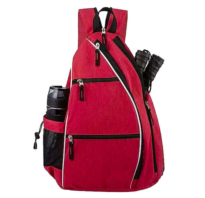 Red Pickleball sling bag with adjustable straps, zippered pockets, and water bottle holder.