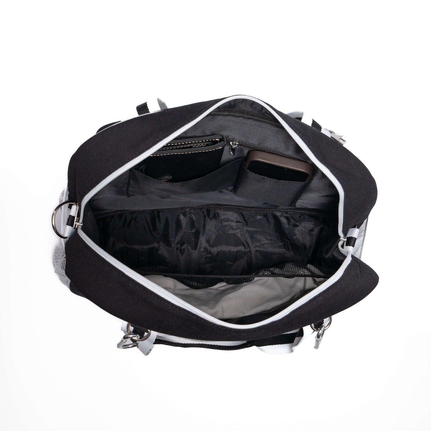 Interior view of pickleball shoulder bag displaying spacious storage for gear