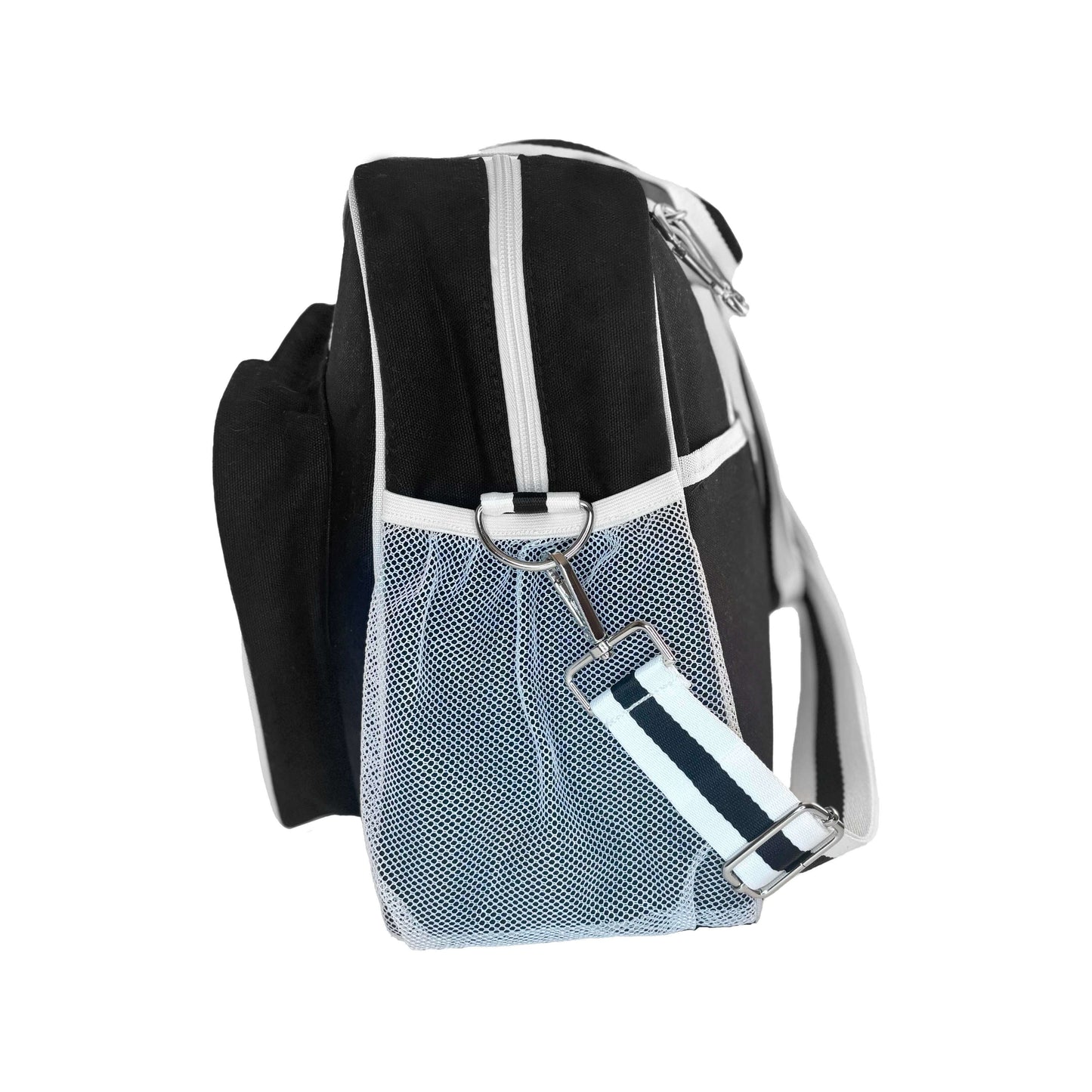 Side view of pickleball shoulder bag displaying mesh pocket for waterbottles