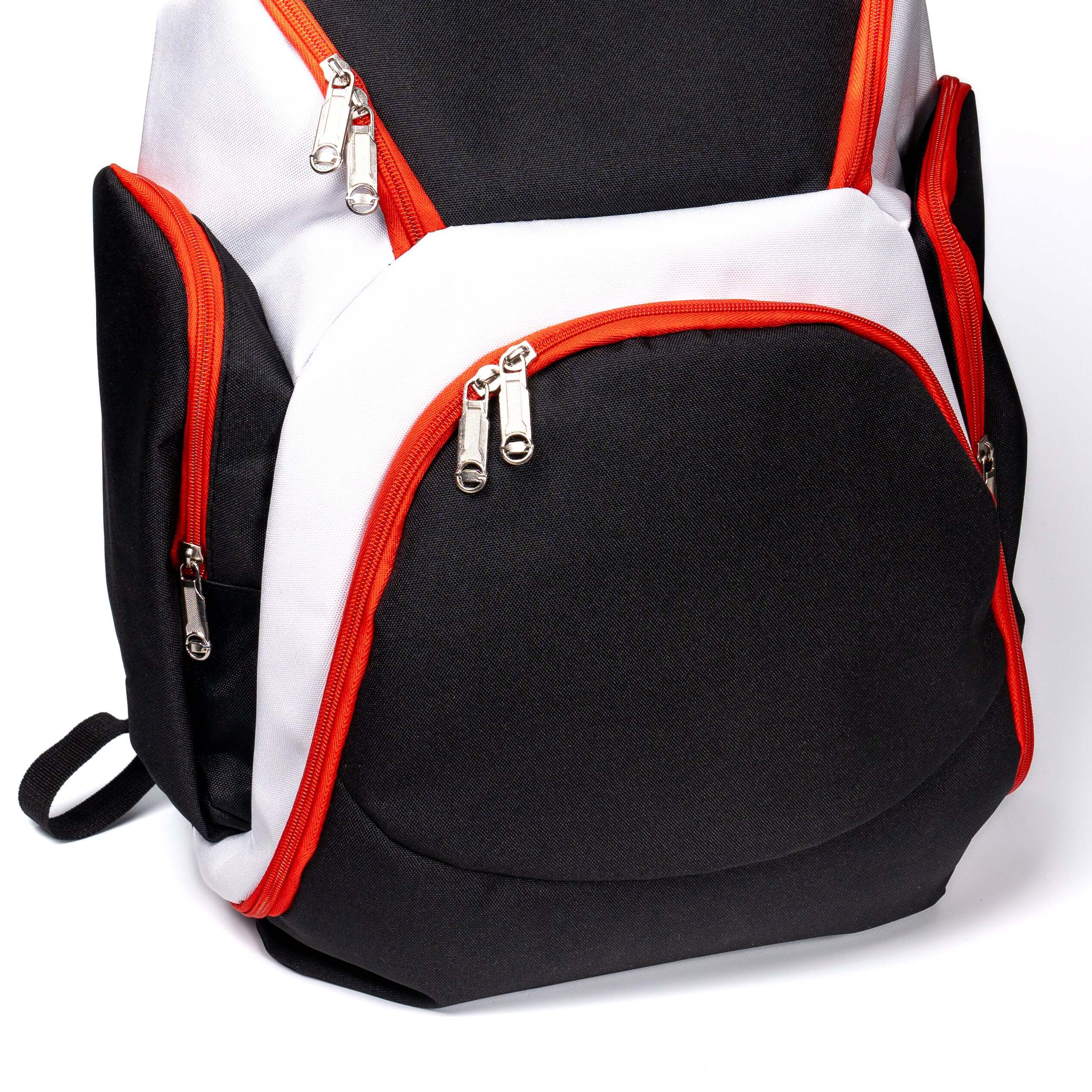 Close up front view of bottom compartment of customizable Y Series Backpack in white, red, and black ClaycoSports