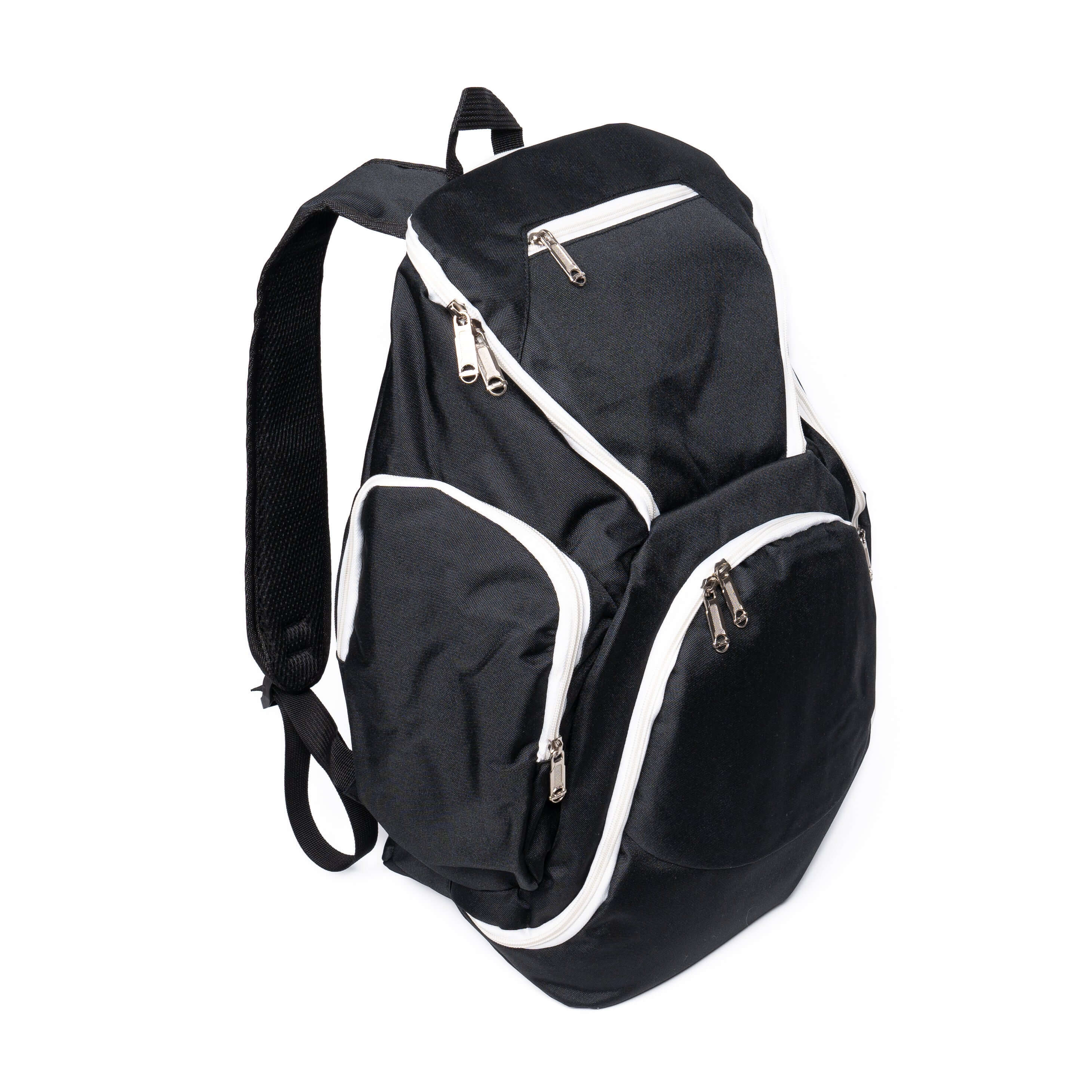 Y Series Backpack in black and white, spacious design for ball, shoes, and gym essentials. Personalized options available.