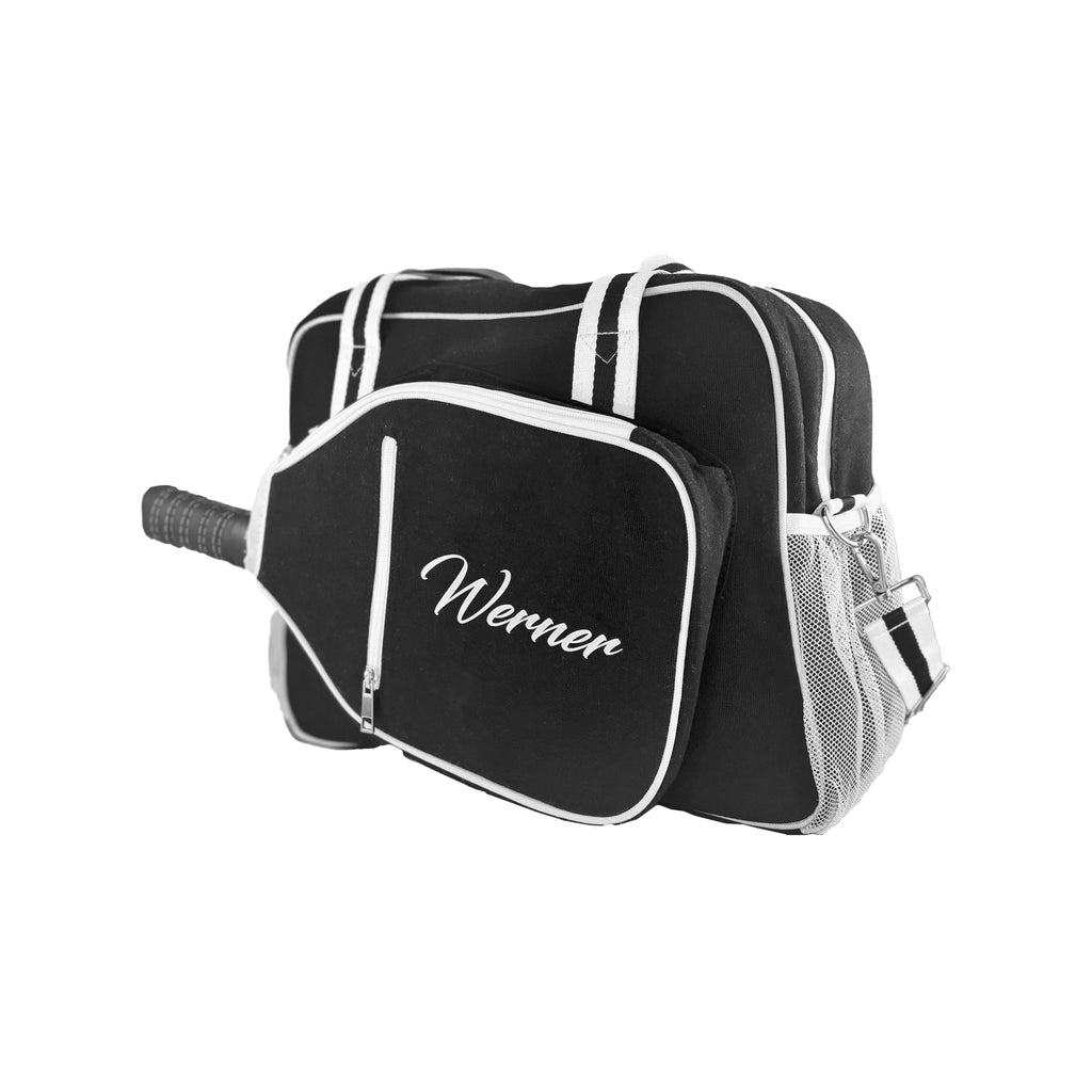 Close-up of free personalization on pickleball shoulder bag – a printed last name