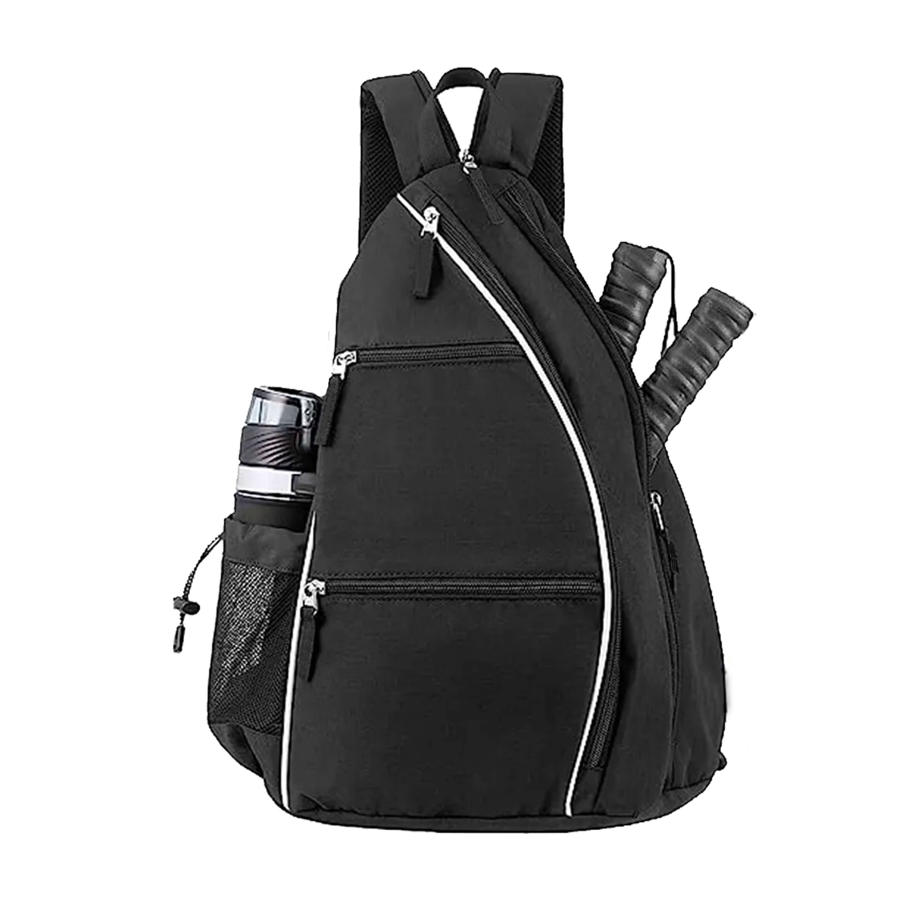 Black pickleball sling bag featuring ample storage and adjustable straps for comfortable carrying.