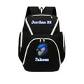 Personalized Y Series Backpack in black and white featuring name and team logo for athletes and teams.