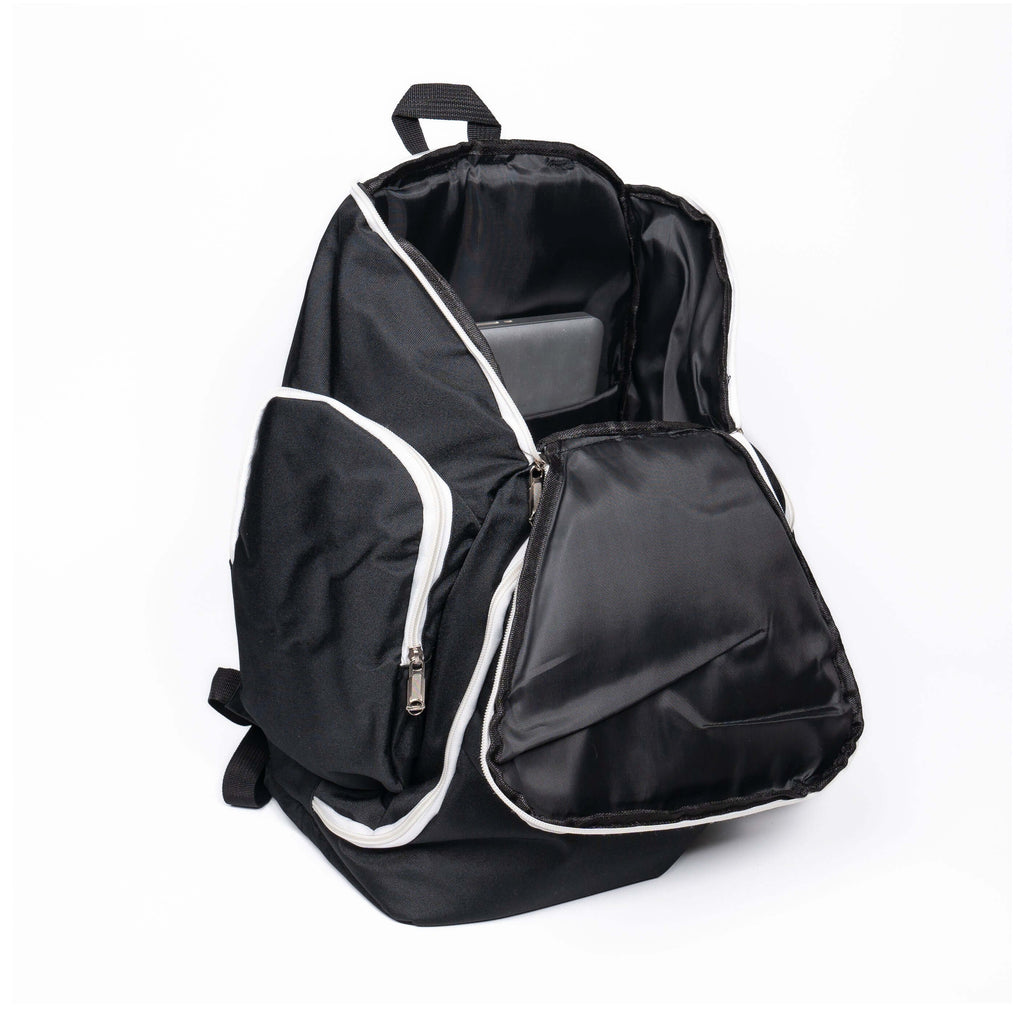 Y Series Backpack in black and white, spacious interior for sports gear, customizable with name and logo, ideal for teams and athletes.