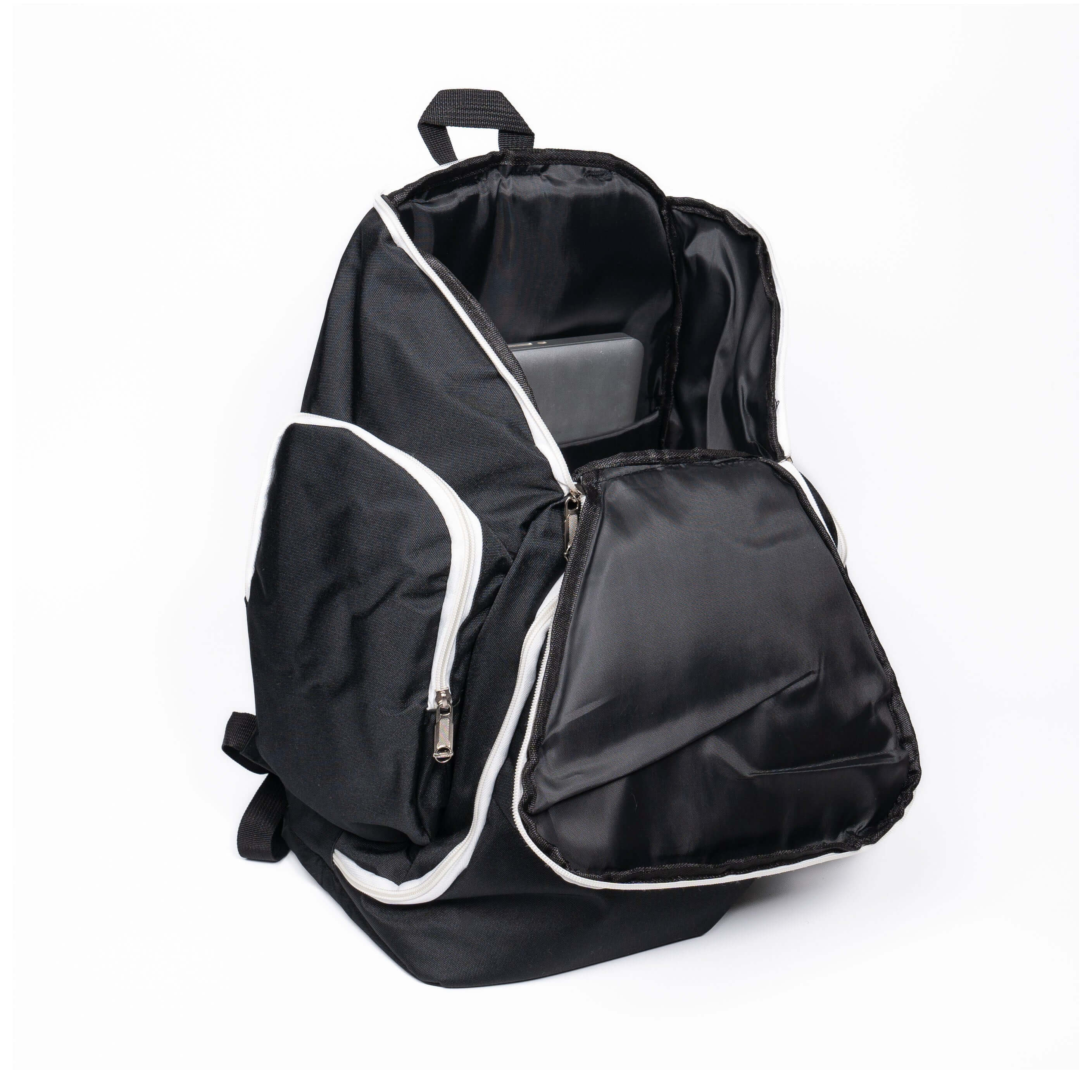 Y Series Backpack in black and white, spacious interior for sports gear, customizable with name and logo, ideal for teams and athletes.
