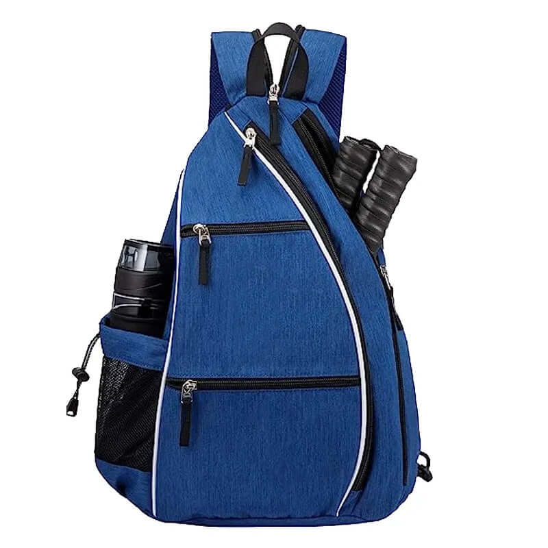 Blue pickleball sling bag with multiple storage compartments and water bottle holder for active lifestyle.