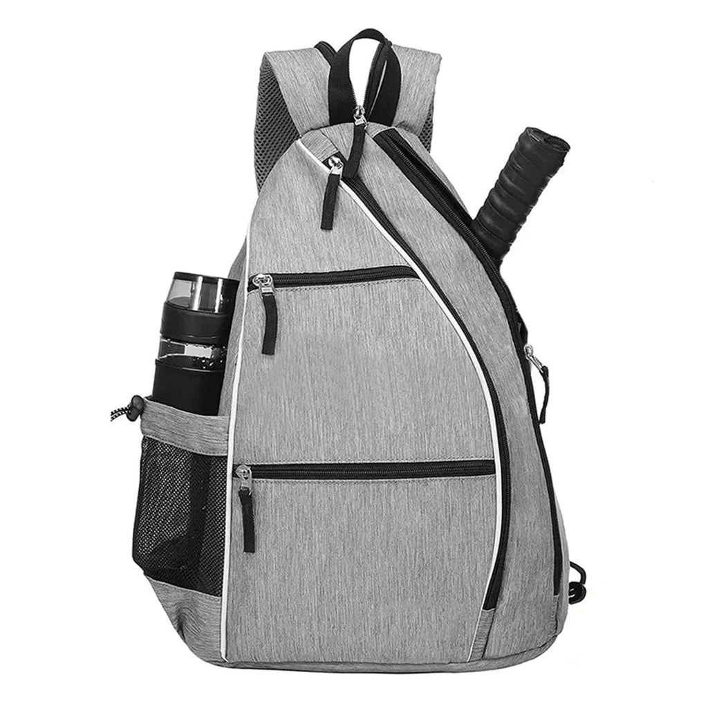Pickleball sling bag with adjustable straps and multiple pockets for paddles, bottles, and gear.