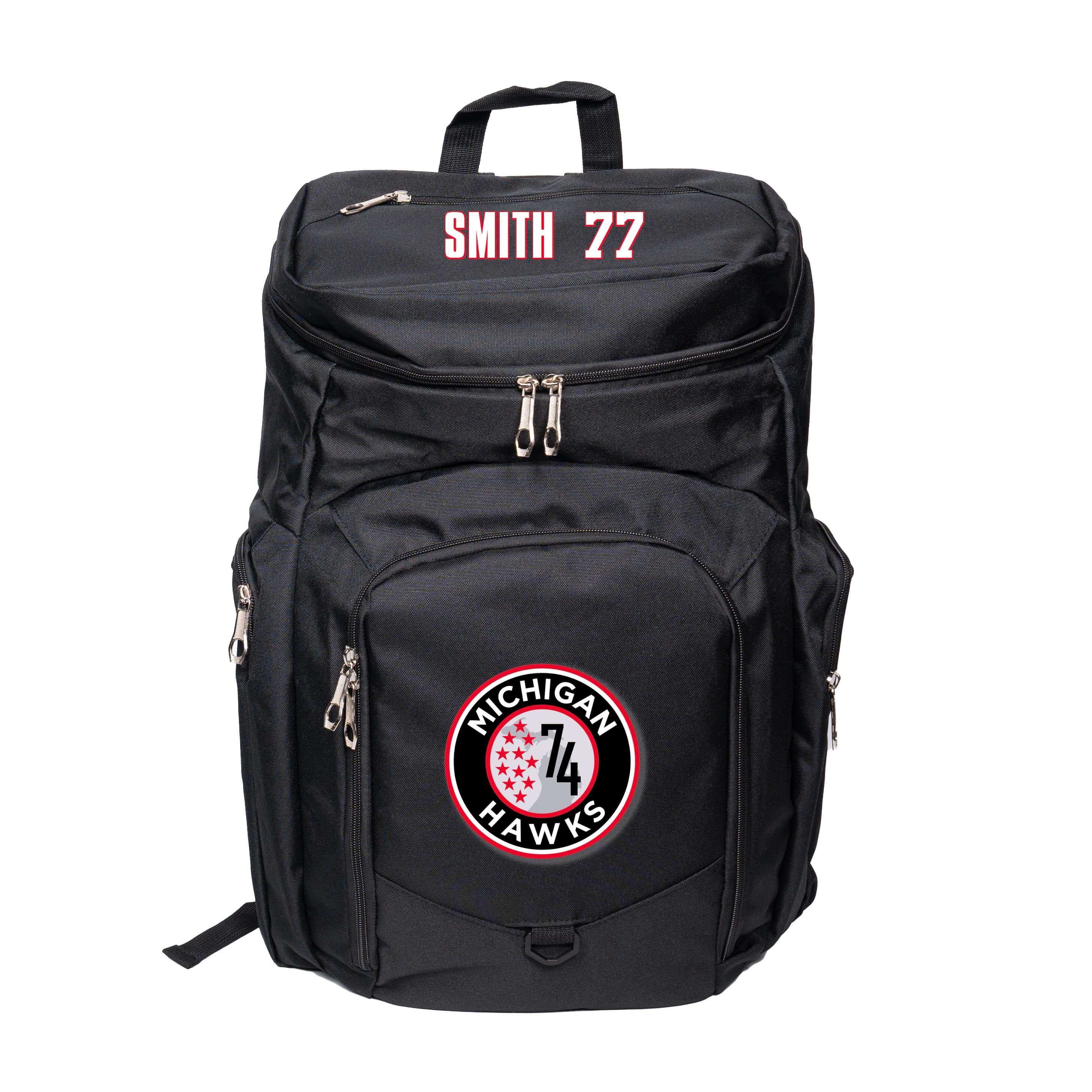 Personalized X Series Backpack with name and number, ideal for sports teams and carrying gear like balls and shoes.