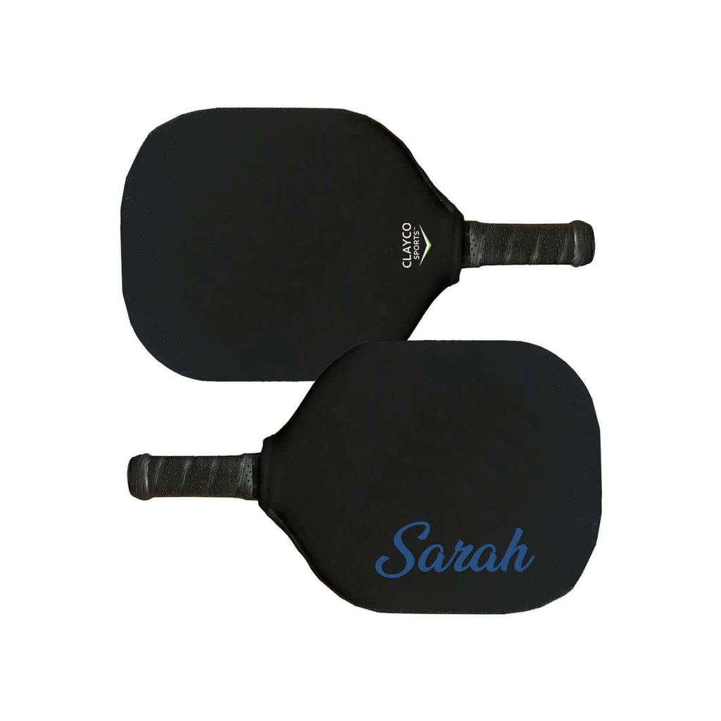 Personalized pickleball paddle cover in black neoprene with name 'Sarah', offering durable protection and secure closure.