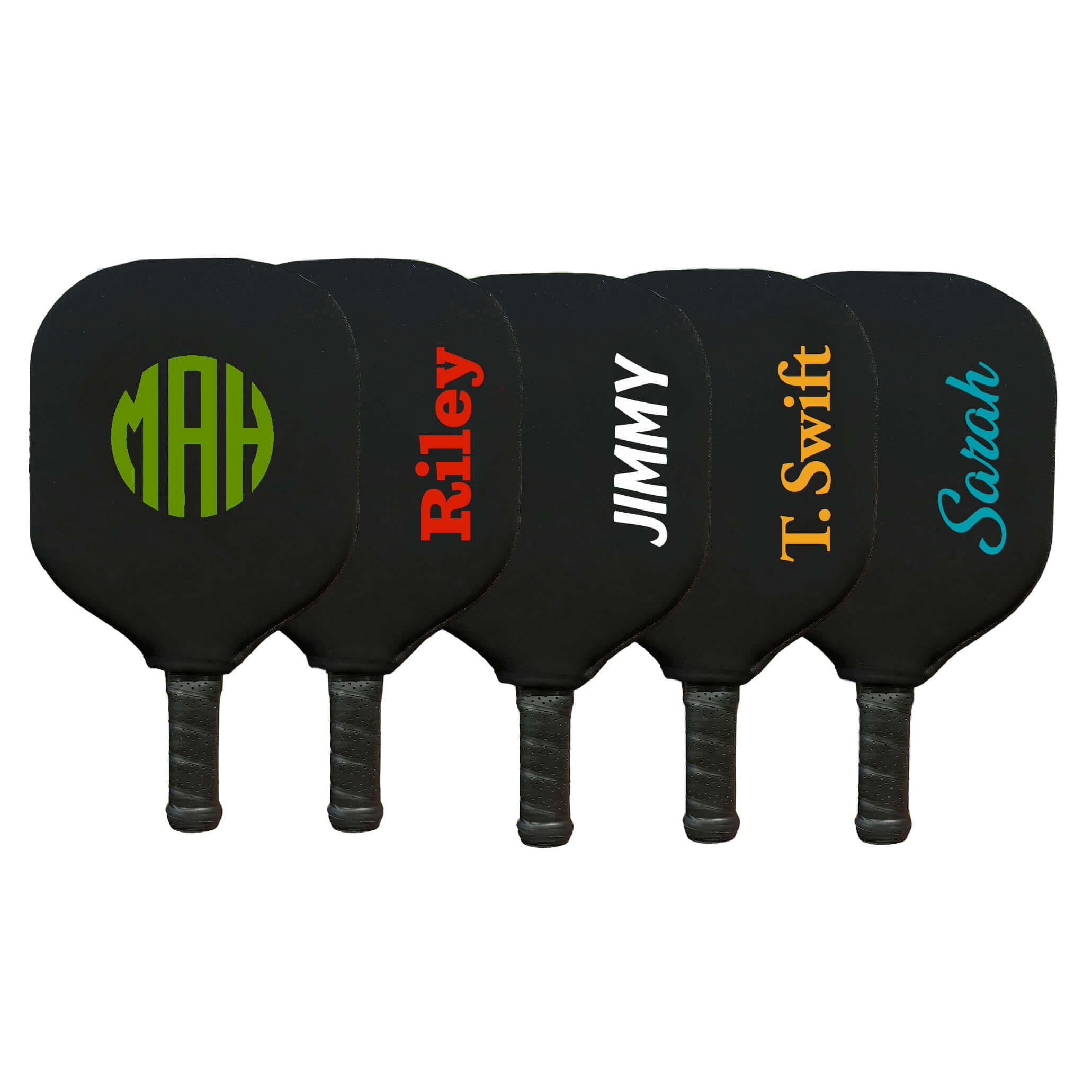 Personalized pickleball paddle covers featuring names and initials, showcasing durable neoprene construction.