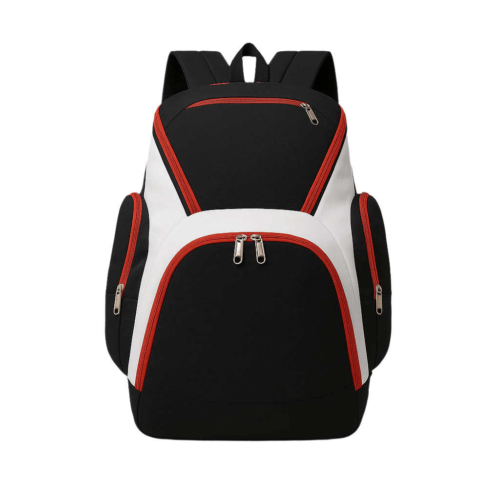 Front view of customizable Y Series Backpack in white, red, and black ClaycoSports