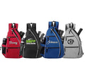 Customizable pickleball sling bags in red, black, blue, and grey, featuring personalized names and ample storage space.